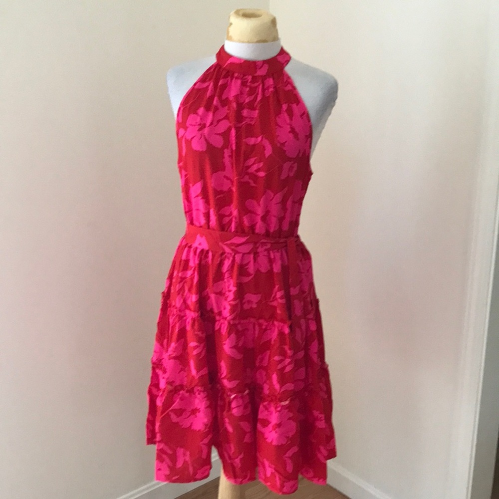 Cathsnna large Floral Halter ruffled Dress in Vibrant Pink and red.